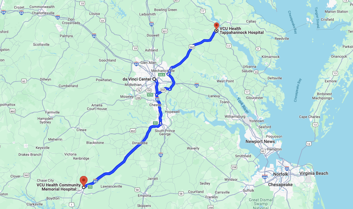 A Google map showing the driving directions connecting the two rural community hospitals we partnered with for this project.